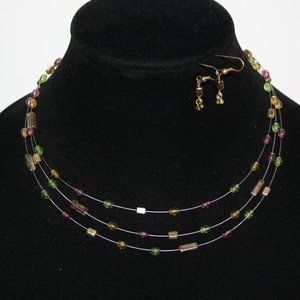 Beautiful silver wire, gold, purple, orange and green bead necklace earrings Set